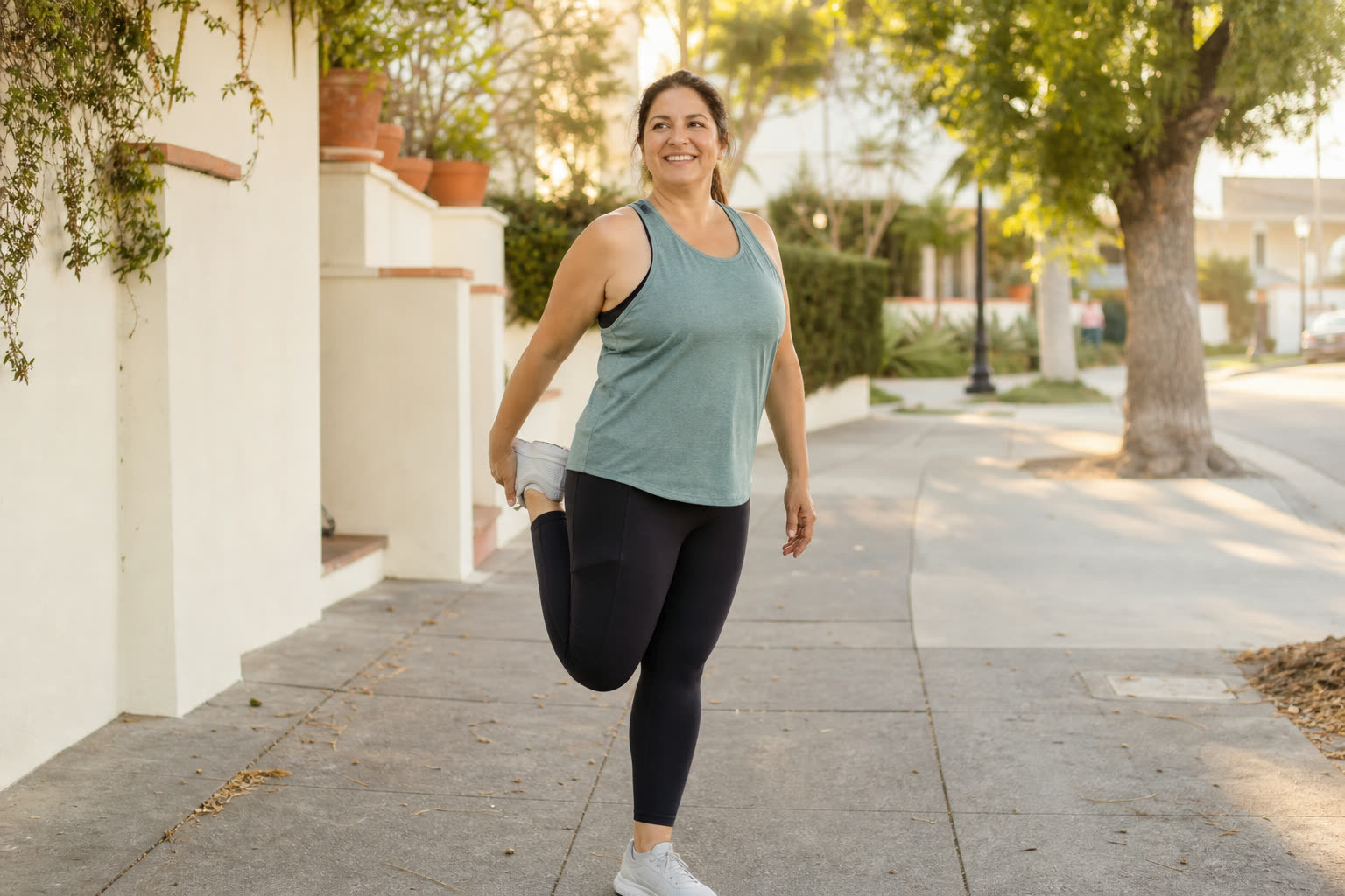 A joyful woman in her 40s with a soft, strong build stretching before a morning walk