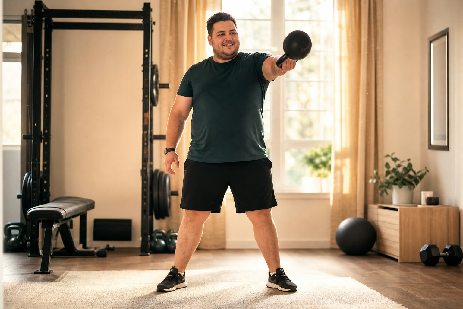 A mid-20s man with a plus-size build lifting a kettlebell in a sunlit home gym, focused and strong