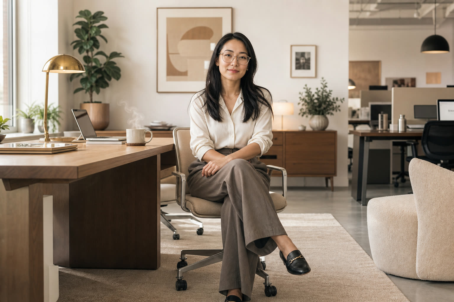 A woman in glasses at her desk under flat office light, composed and easy to overlook