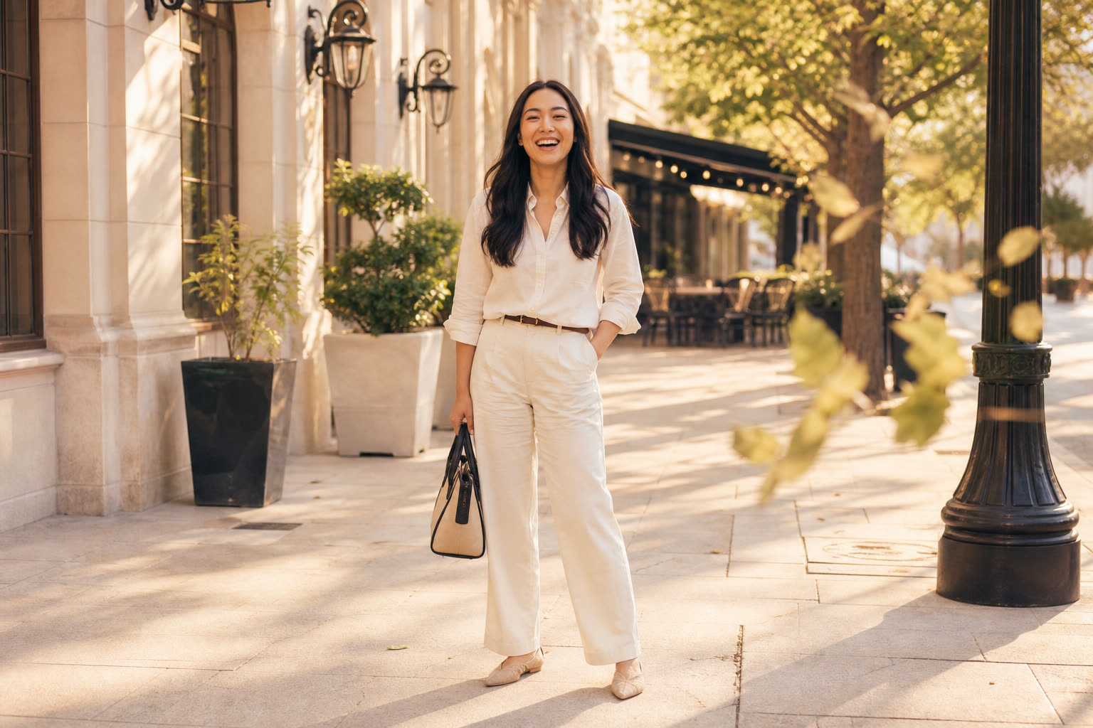 The same woman out in warm afternoon light, glasses off, laughing with open ease