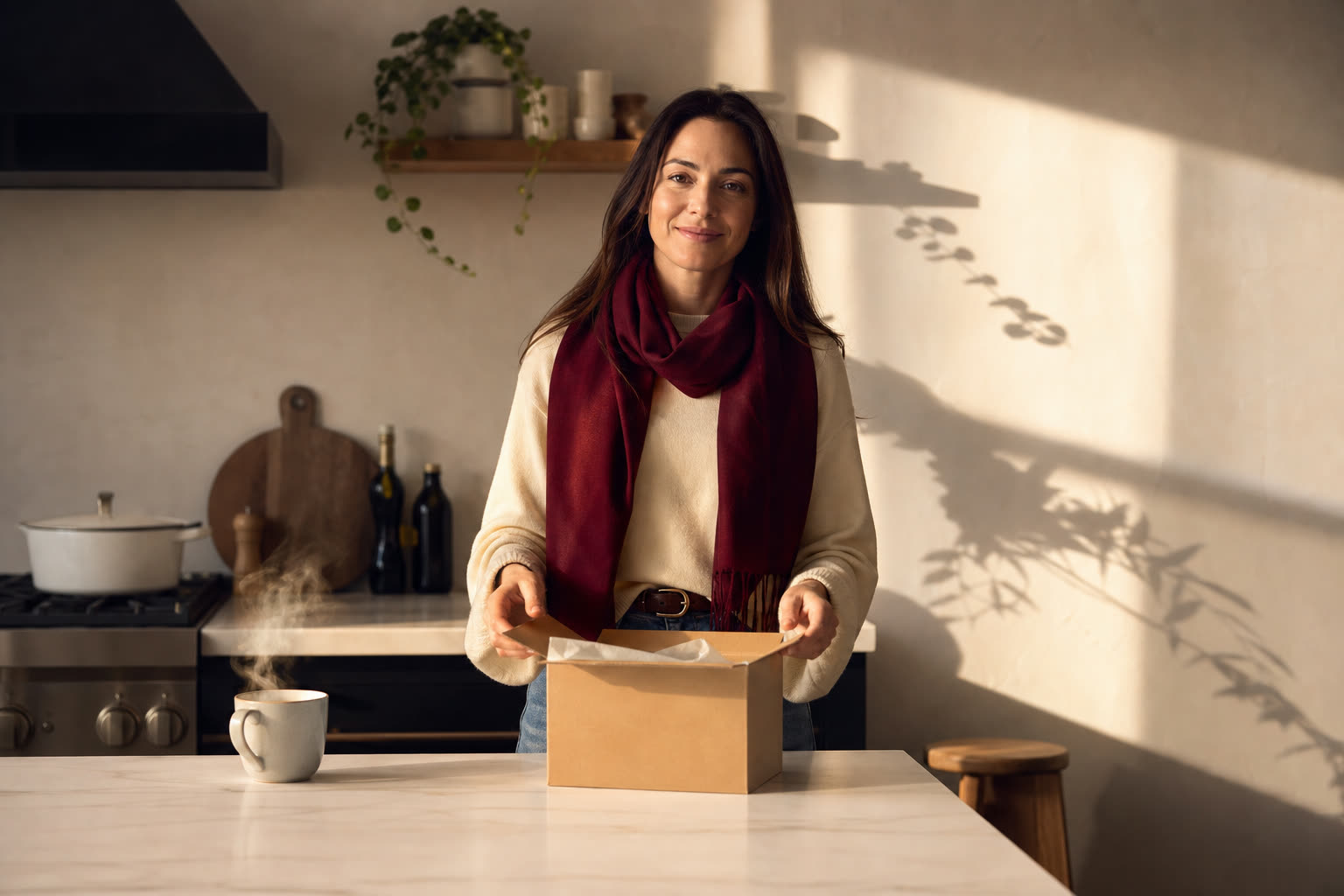 A woman in her 30s opening a plain unmarked delivery box at a kitchen counter in the morning in warm light