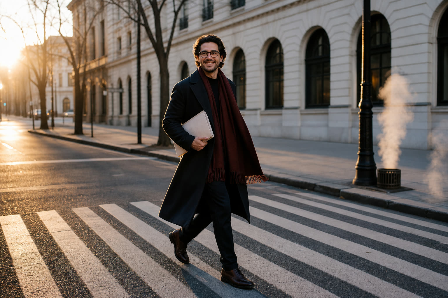A man with glasses striding across a crosswalk at sunrise, folded paper under his arm, long shadows behind him