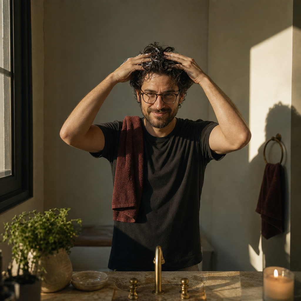 A man in his mid 30s with glasses working treatment through his thick dark hair at a mirror in morning light