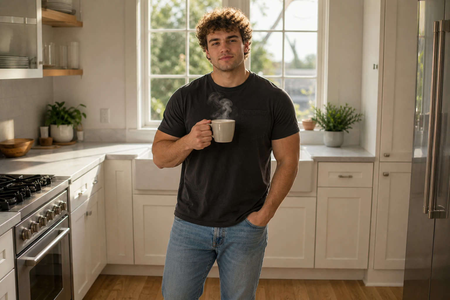 A early 20s man with a broad-shouldered stocky build with backlit curls in a sunny kitchen, coffee in hand