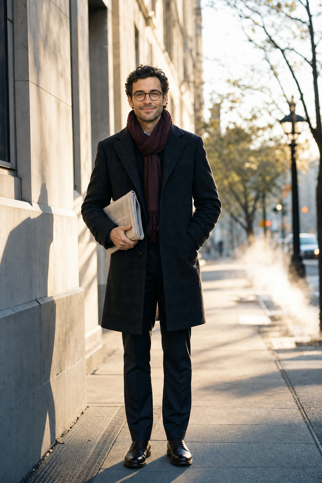 A man in his early 30s with glasses and an oxblood scarf, folded paper under his arm, grinning on a sunlit morning street
