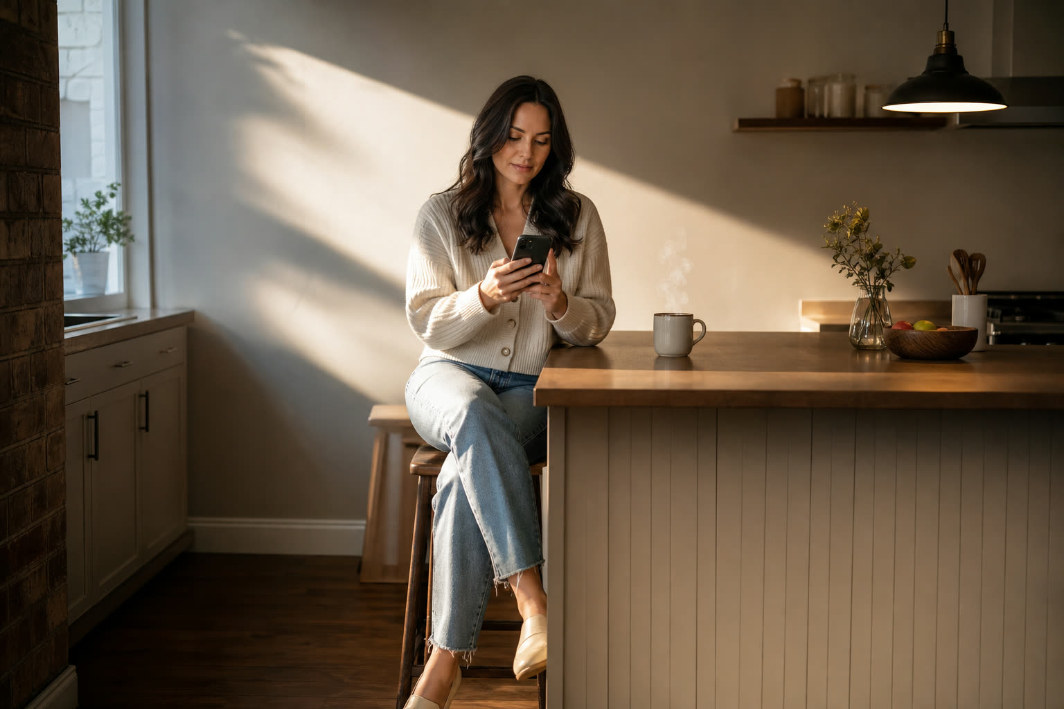 A woman in her 30s at a kitchen counter in the early morning completing a short questionnaire on her phone