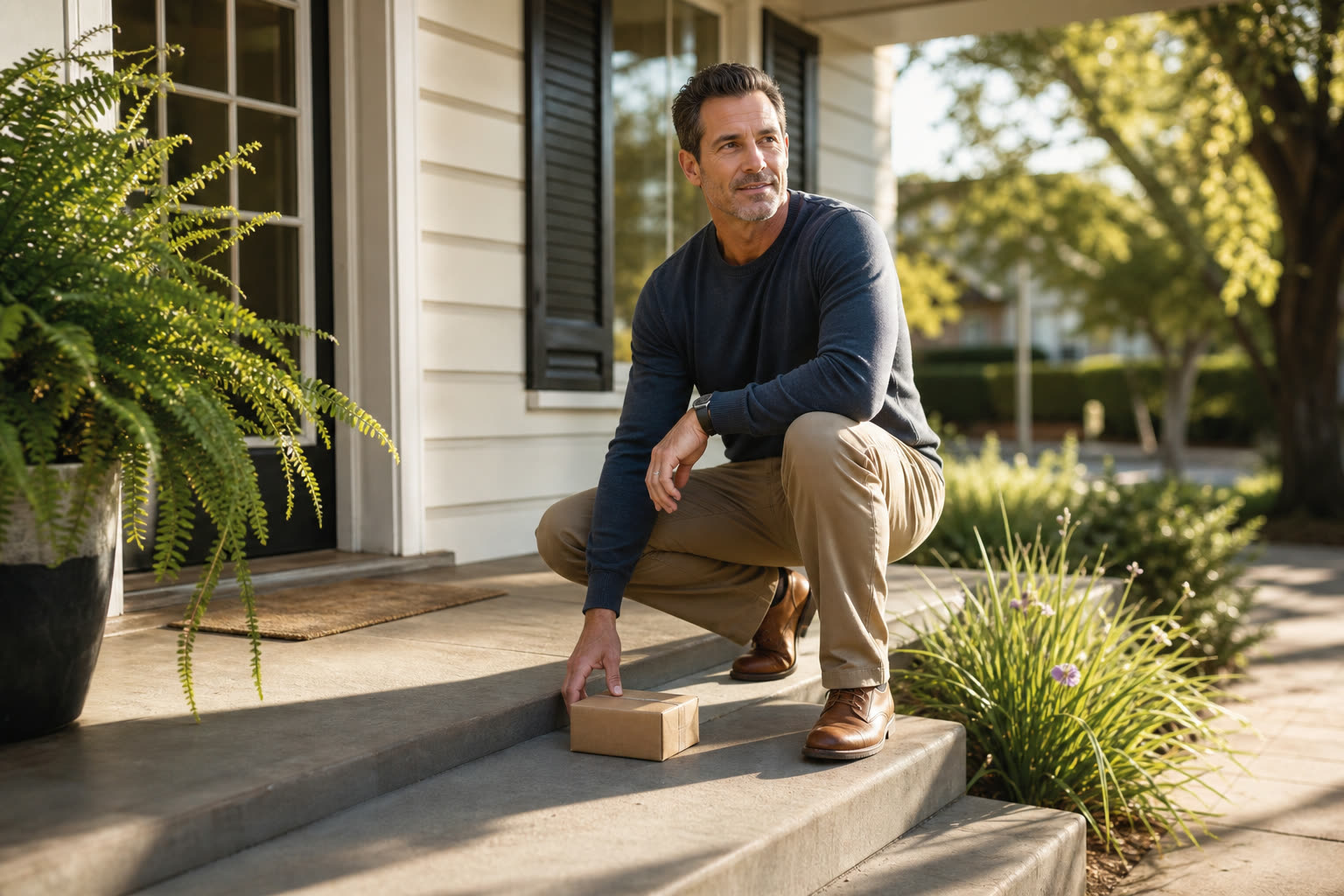 A 40s man with a lean build picking up a discreet package from their doorstep in morning light