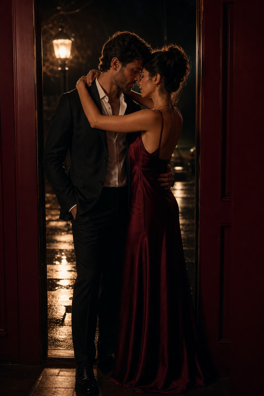 A couple close together just inside a dim doorway at night, foreheads touching, warm oxblood rim light