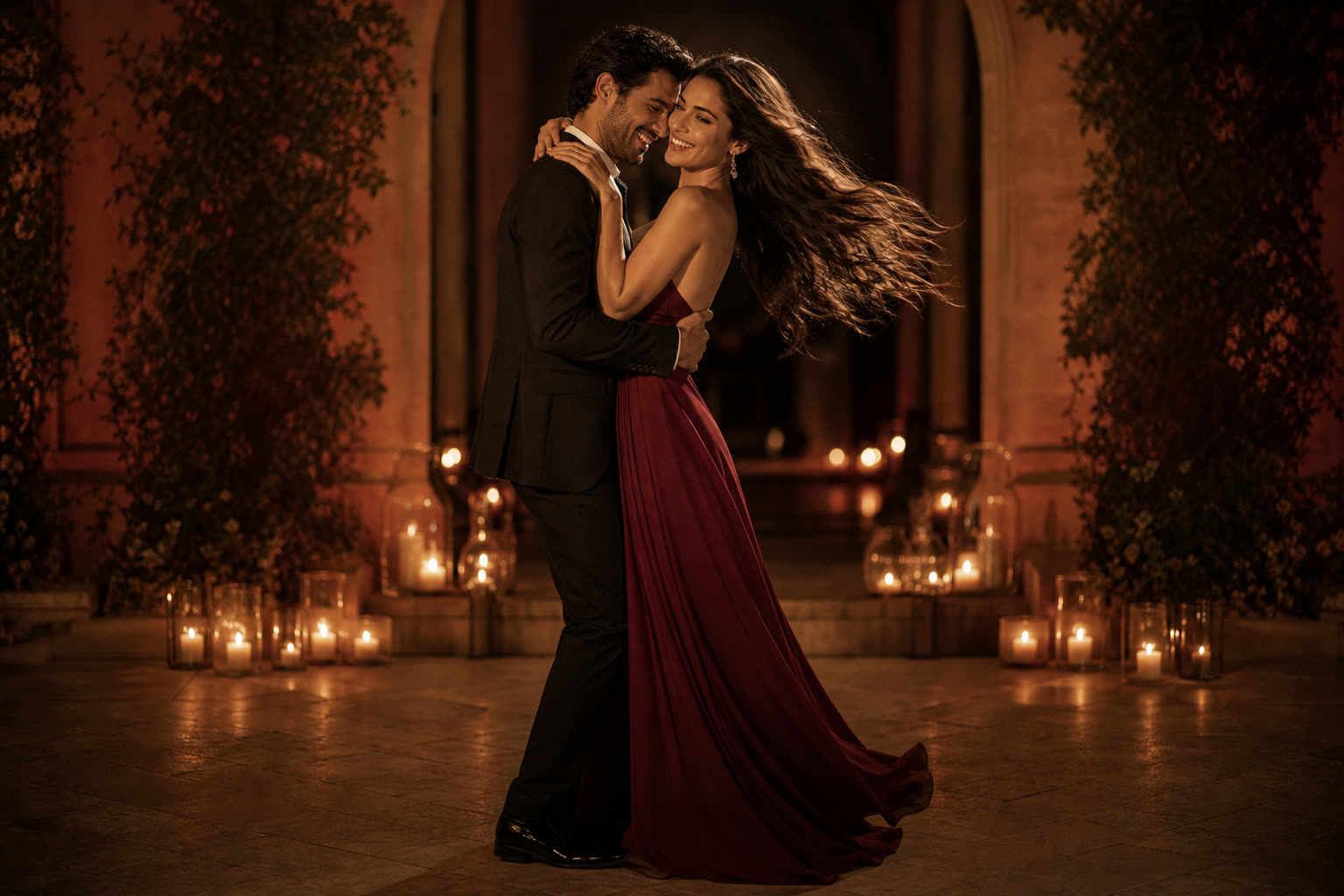A couple holding each other very close against a white facade in the city night, warm oxblood rim light