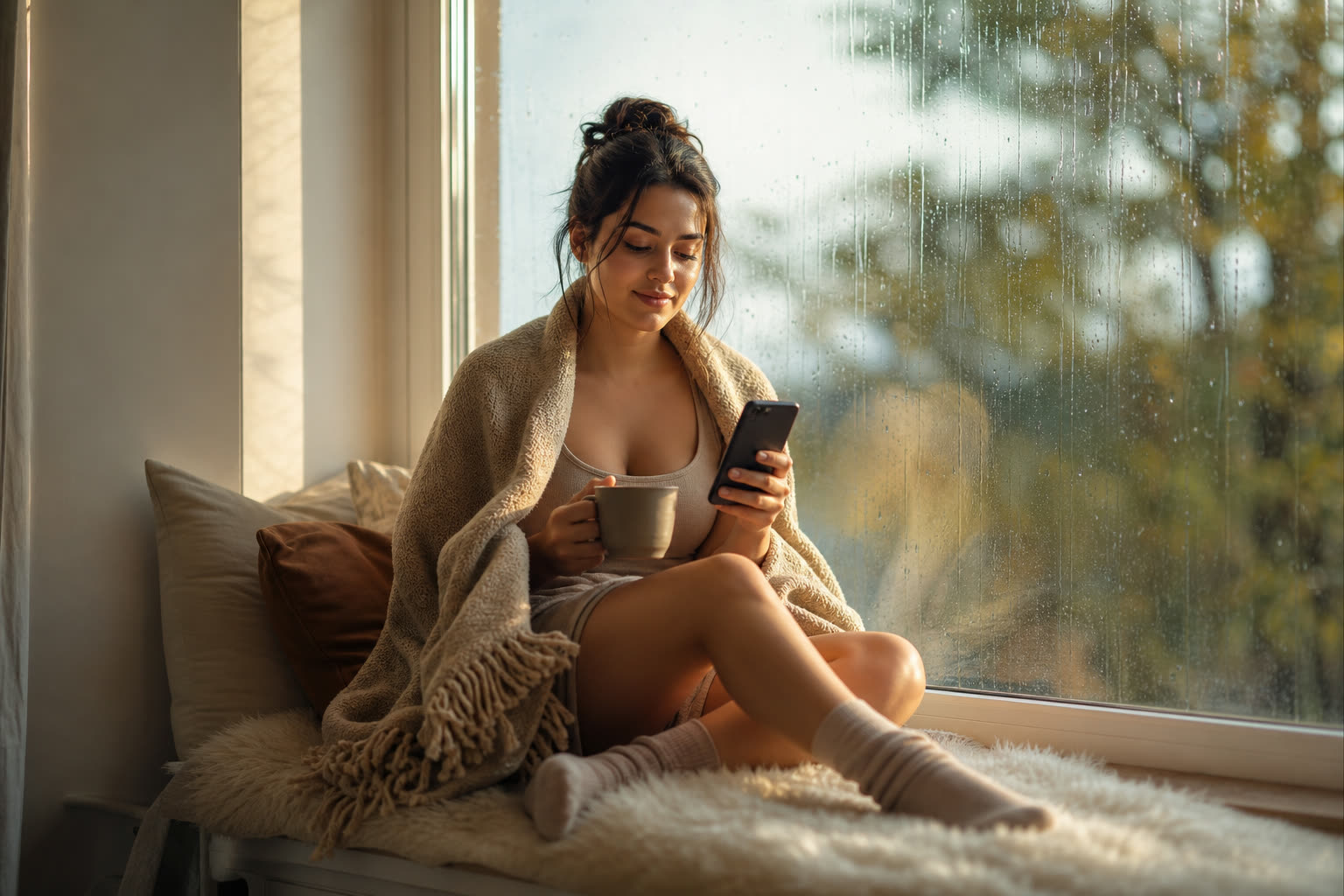 A early 20s woman with a curvy hourglass build wrapped in a blanket with tea, texting their care team from a window seat