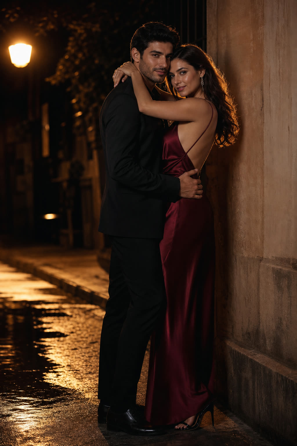 A couple in their late 20s dancing very close, cheek to cheek, under warm streetlight at night