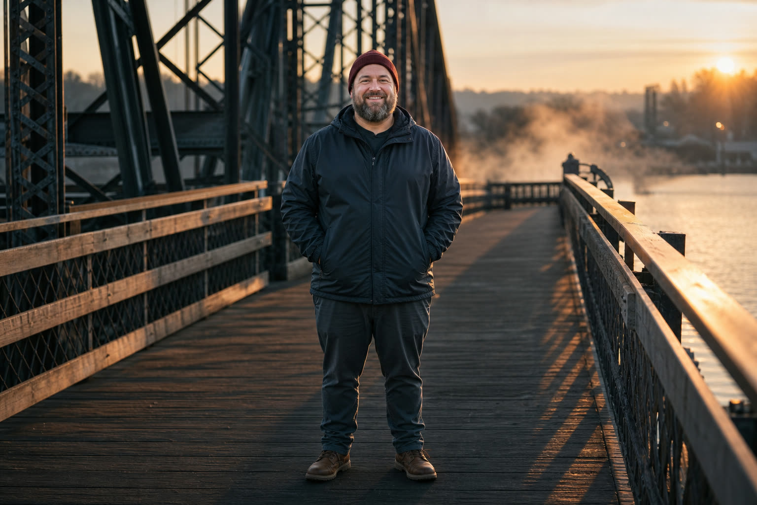 A man in his 40s a bit heavy and early on his journey, crossing a bridge in warm early light with a wide smile