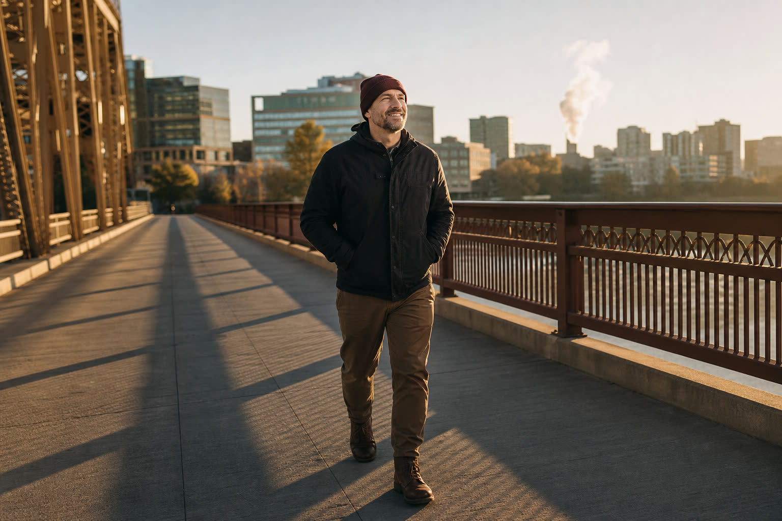 A man in his 40s walking briskly across a bridge in warm early light, smiling