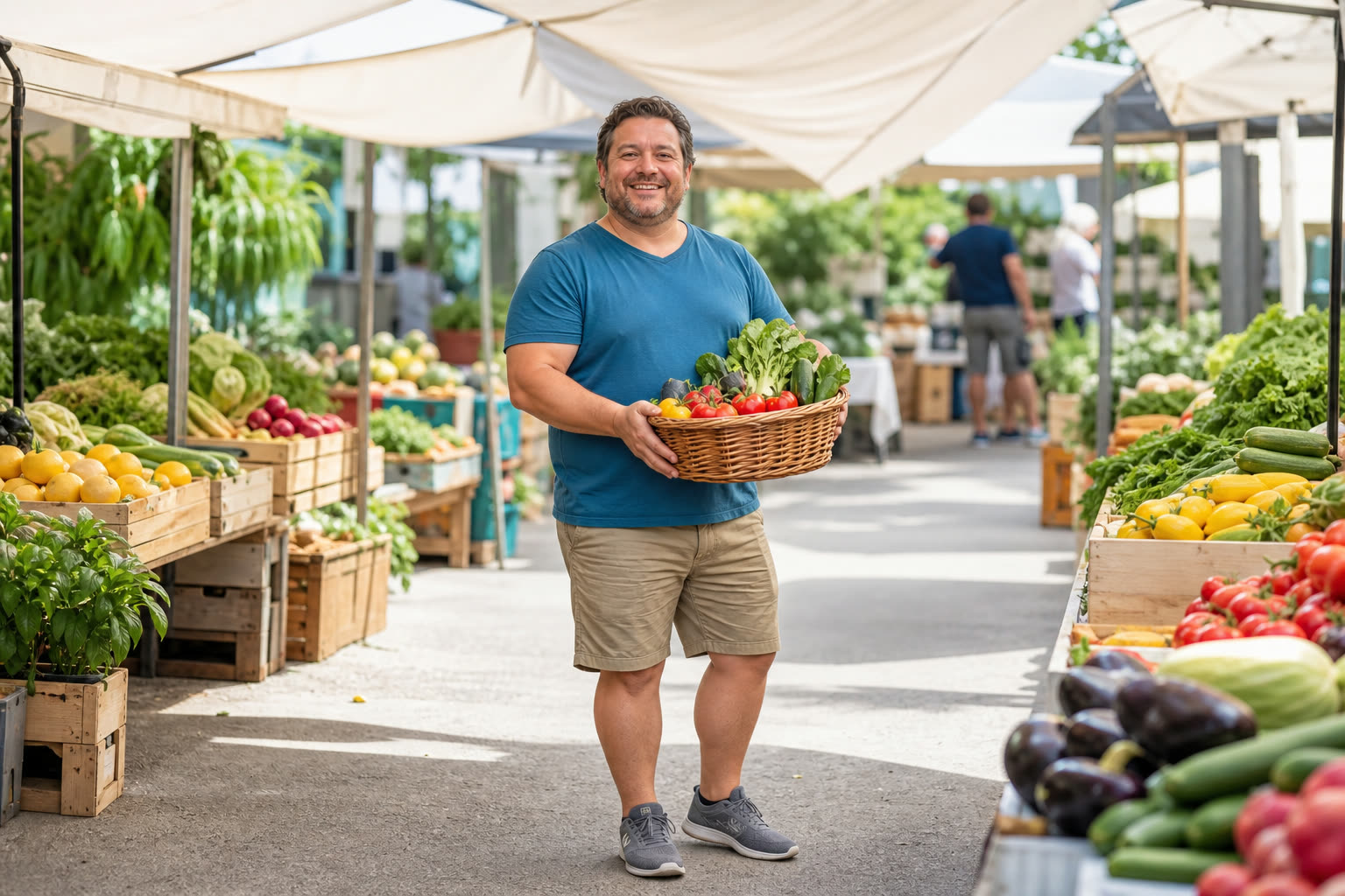 A 40s man with a stocky build carrying a basket of produce through a farmers market, easy confidence