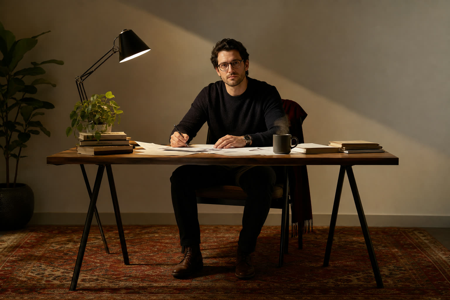 The same man with glasses working over papers at a lamp-lit desk before dawn