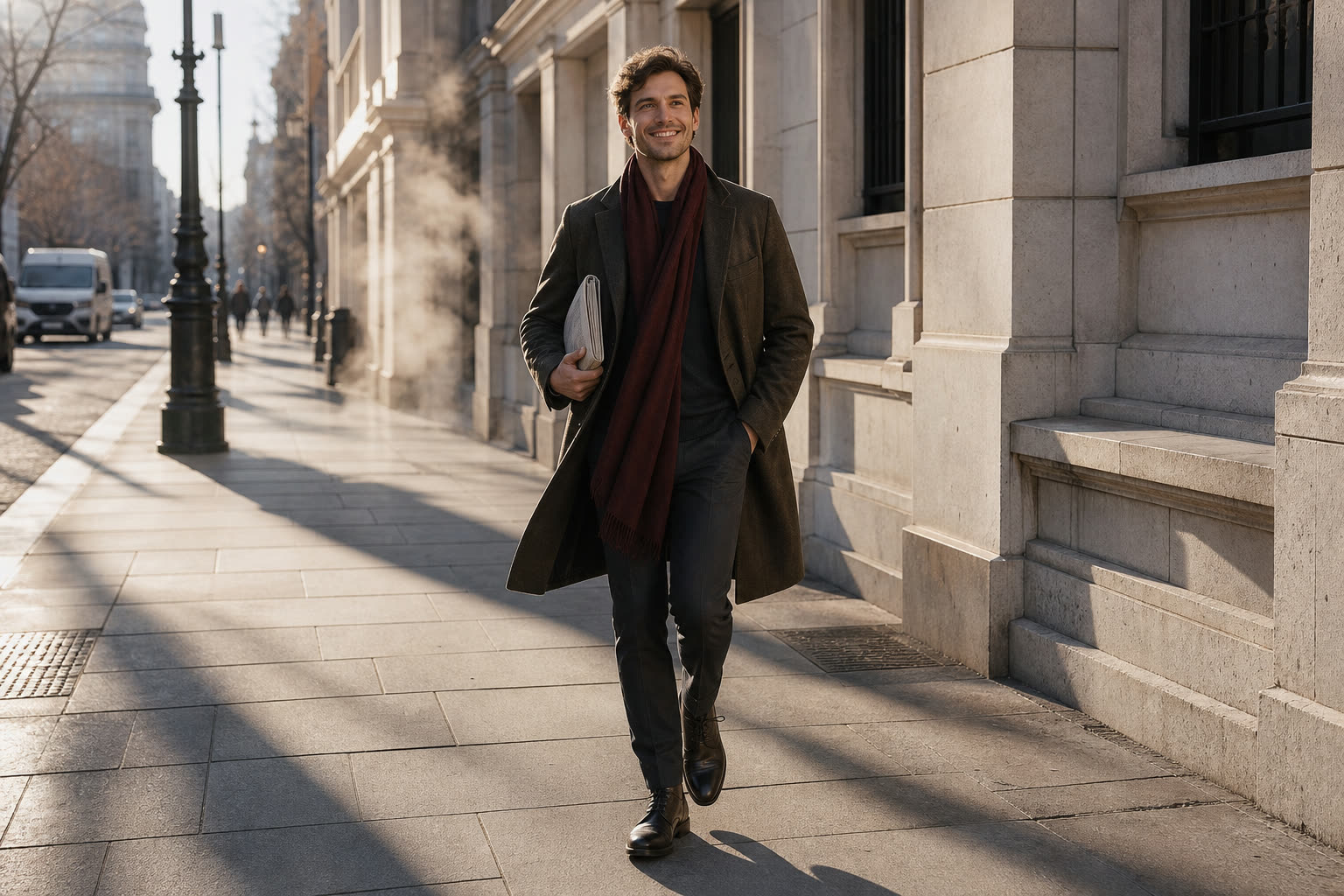 The same man with glasses out on a bright morning city street, folded paper under his arm