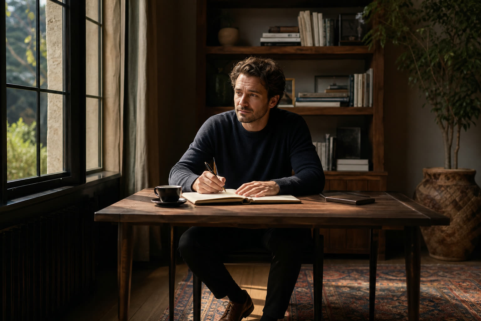 A man writes with a fountain pen at a white desk, raking light across the page, face composed and fully visible