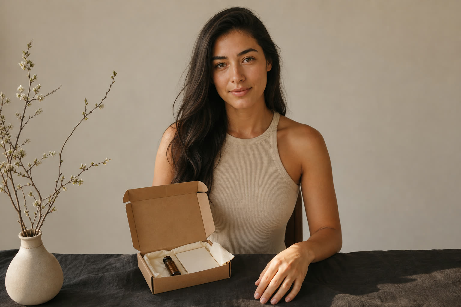 Plain cream packaging opened on a white table: vial, folded instructions, and a small card, arranged like an editorial still life