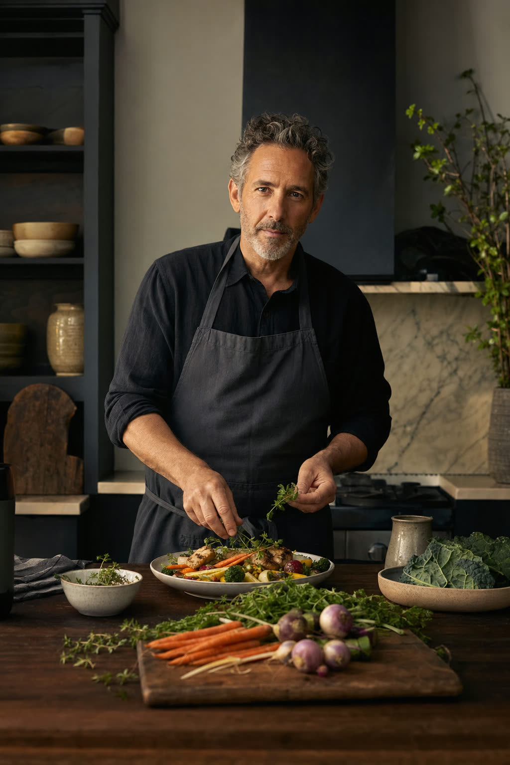 A happy man plates a colorful home-cooked dinner with care, whole face lit and smiling