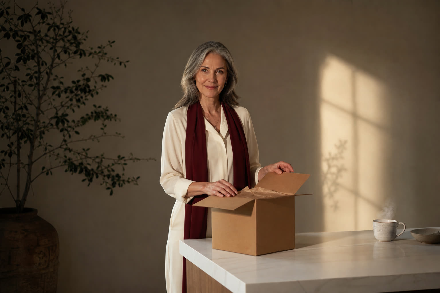A woman in her 50s opening a plain unmarked delivery box at a white counter in warm light