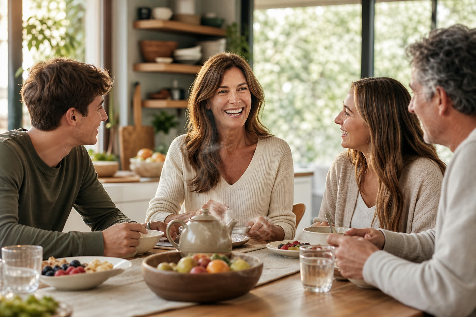A early 50s woman with a lean build sharing a healthy breakfast with family, laughing mid-conversation