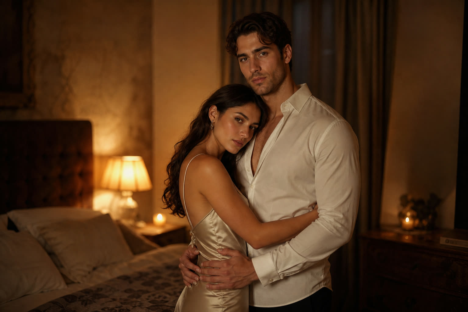 A couple standing beside the bed in warm lamplight, wrapped in an embrace