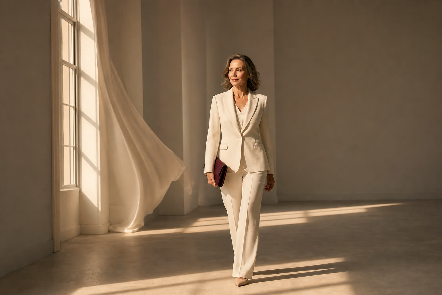 A woman in an ivory suit walking through a white room crossed by a long band of warm light and shadow