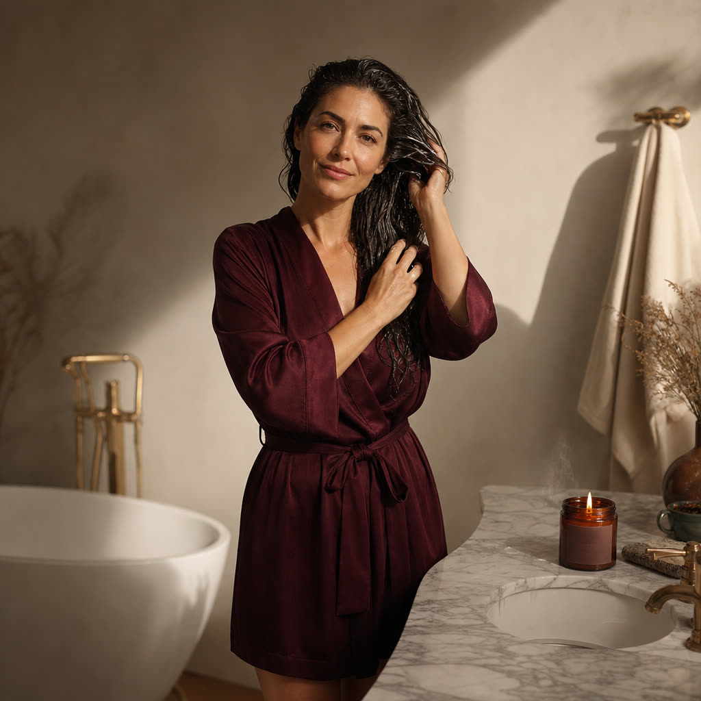 A woman in her 30s working treatment through her thick dark hair at a marble counter in warm light