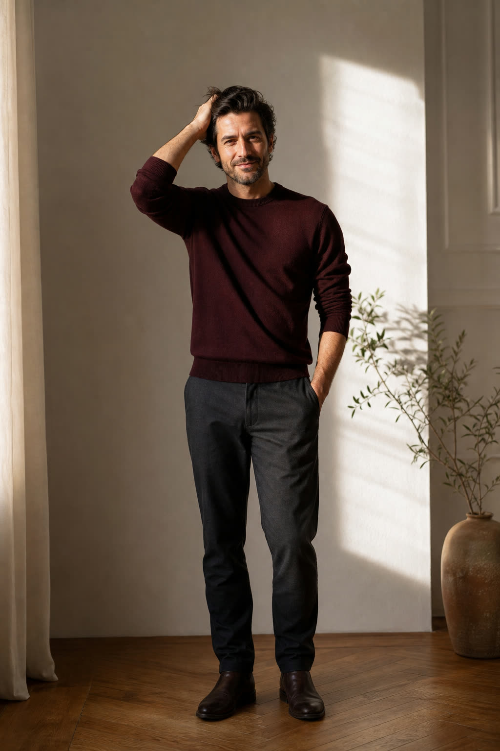 A man in his late 30s in an oxblood sweater running a hand through thick dark hair in warm dramatic light