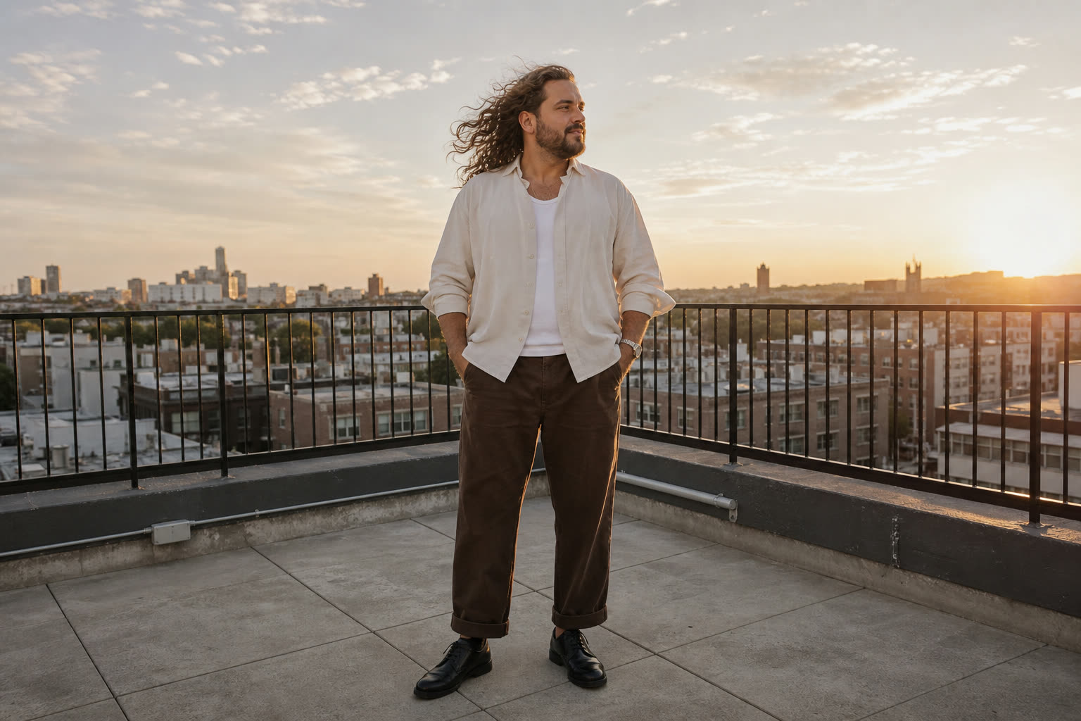 A late 30s man with a soft curvy build on a rooftop at golden hour, hair caught in the wind