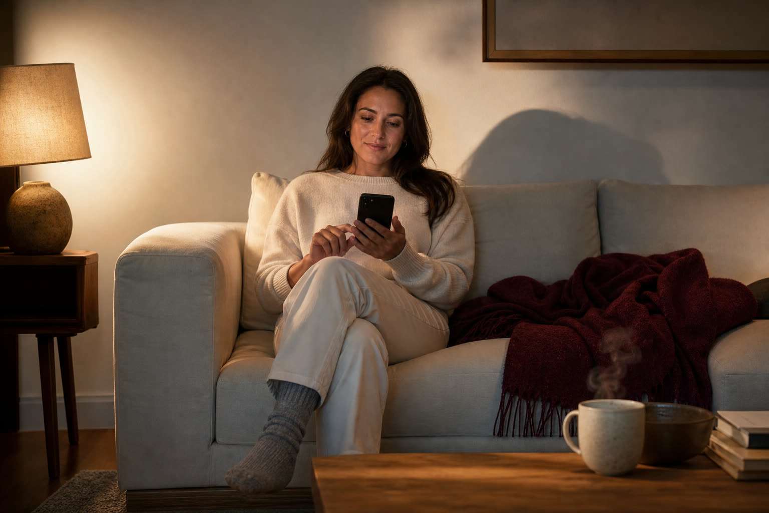 A woman in her 30s on her sofa in the evening completing a short questionnaire on her phone