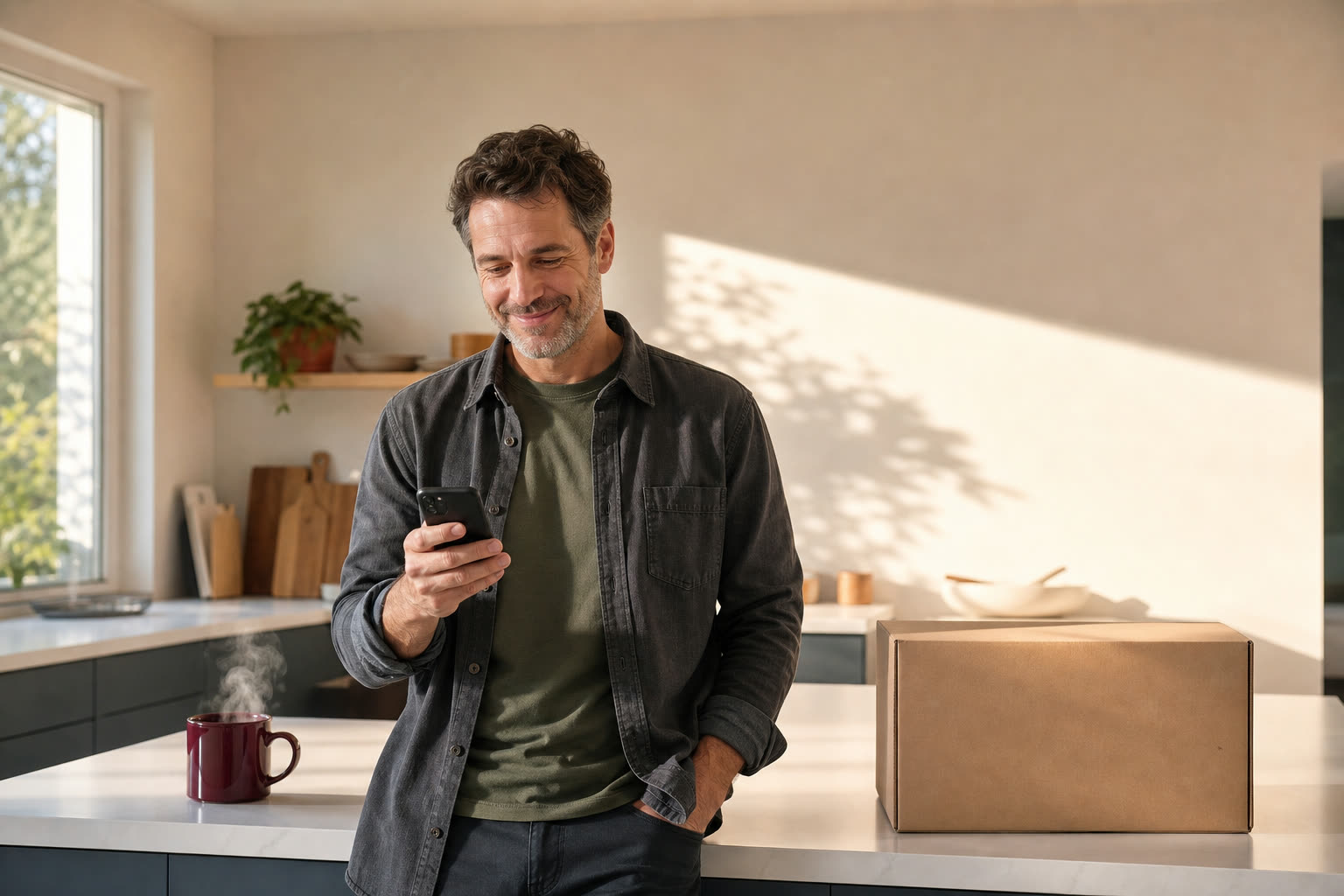 A man in his 40s reading a reassured message at a kitchen counter beside a plain unmarked box