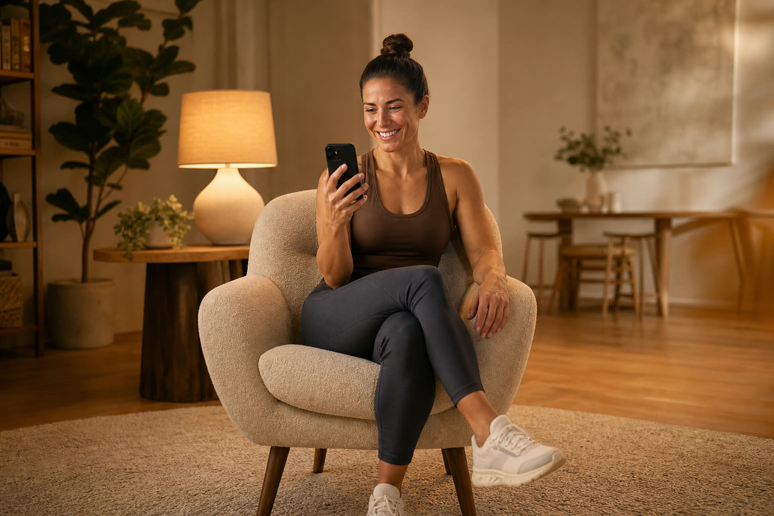 A late 30s woman with a athletic build reading an encouraging message from their care team on a phone, smiling in lamplight