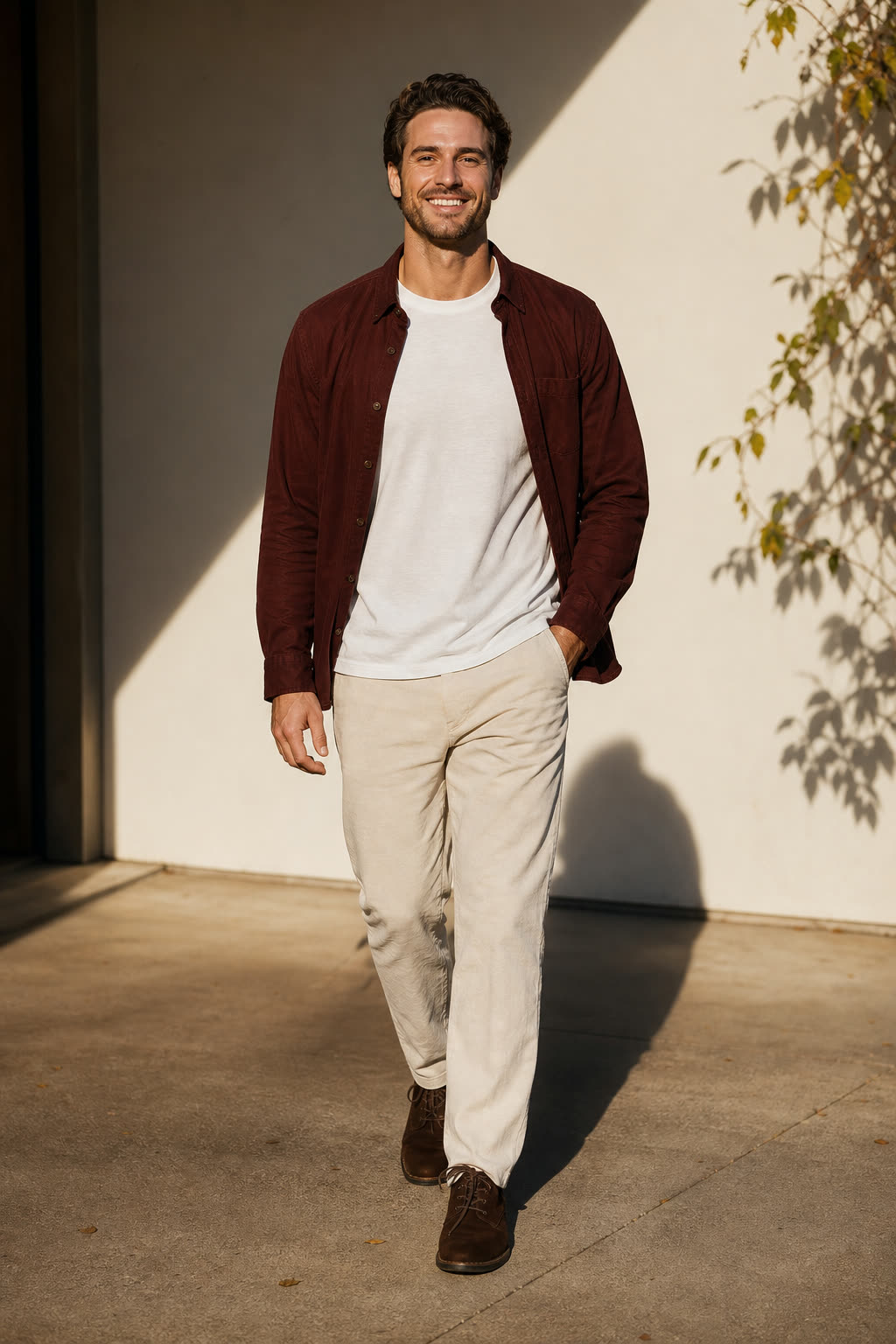 An athletic man in his early 30s in an oxblood overshirt walking confidently along a white wall in warm dramatic light