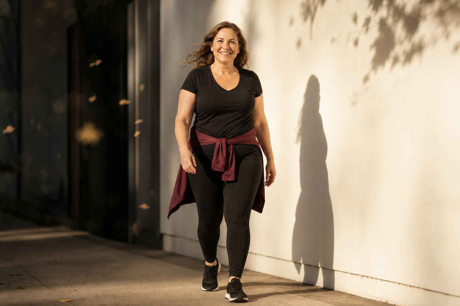 A woman in her late 40s a bit heavy and early in her journey, walking with momentum and a wide smile in warm dramatic light