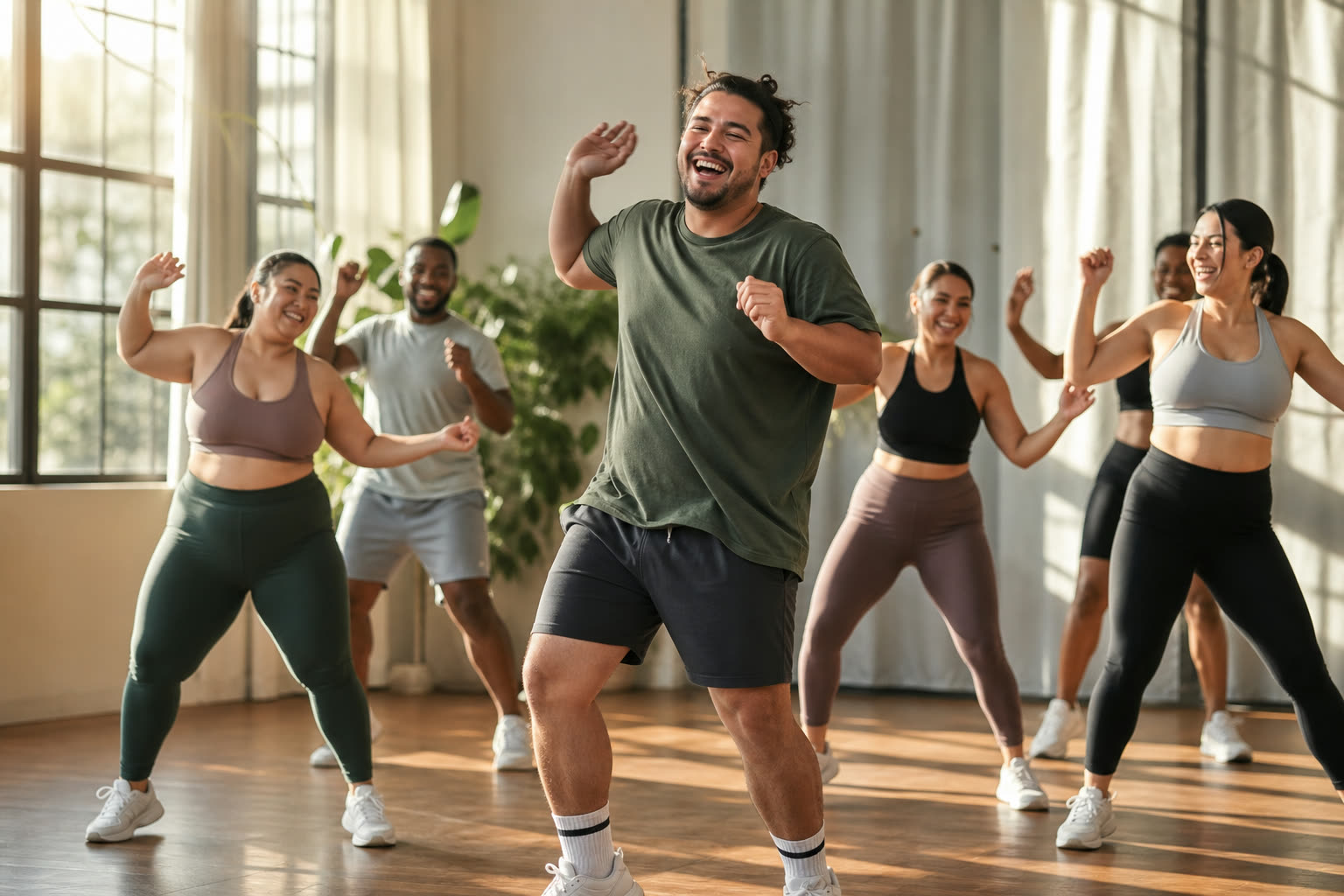 A mid-20s man with a soft curvy build mid-laugh in a dance workout class, arms raised