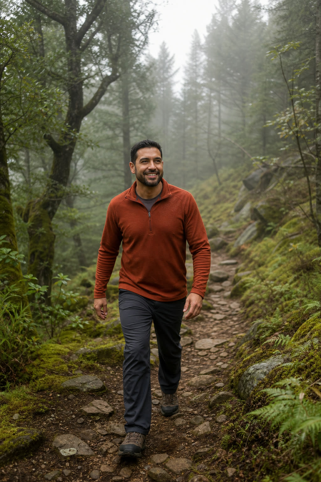 The same person mid-stride on a morning walk outdoors, unhurried and clearly enjoying it