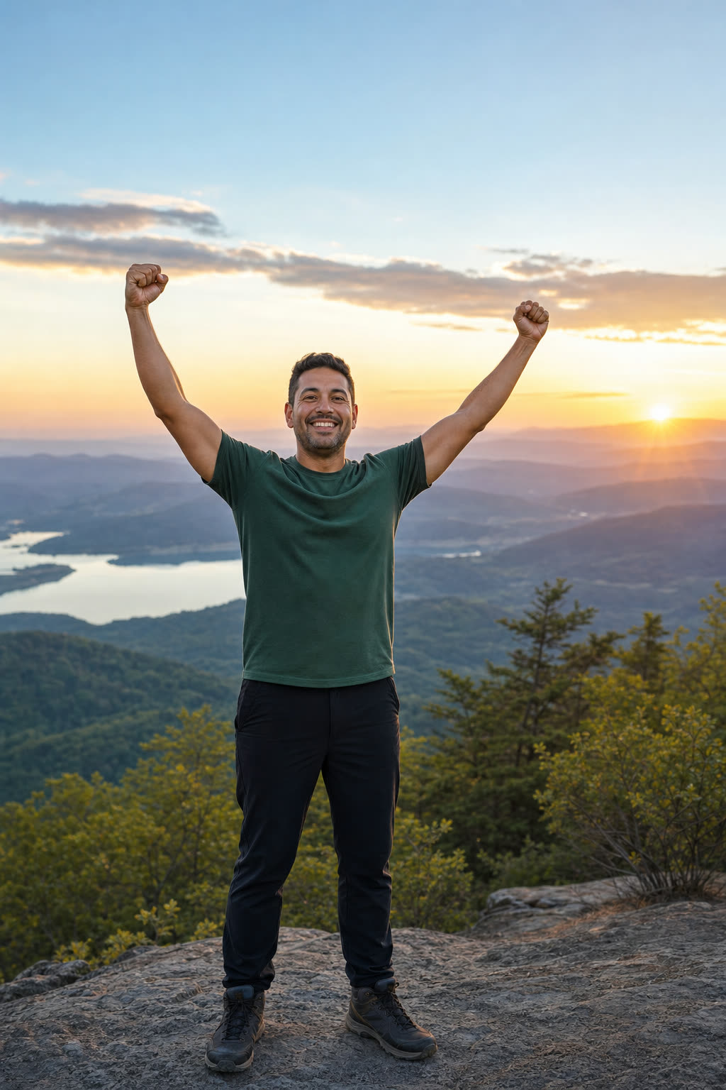 The same person at a sunlit overlook after a walk, arms relaxed, smiling with easy confidence