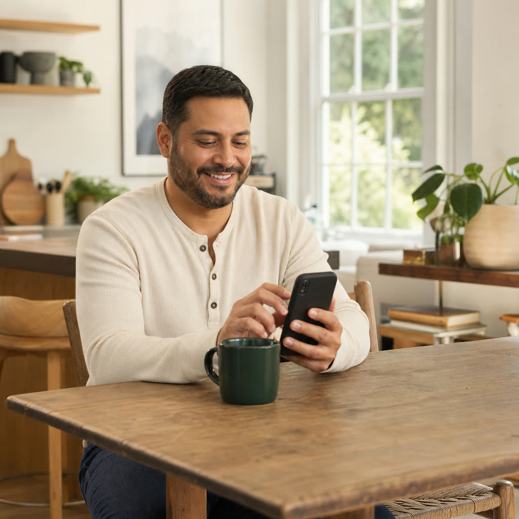 A person at home reviews a care check-in on a laptop, coffee in hand, relaxed and unhurried