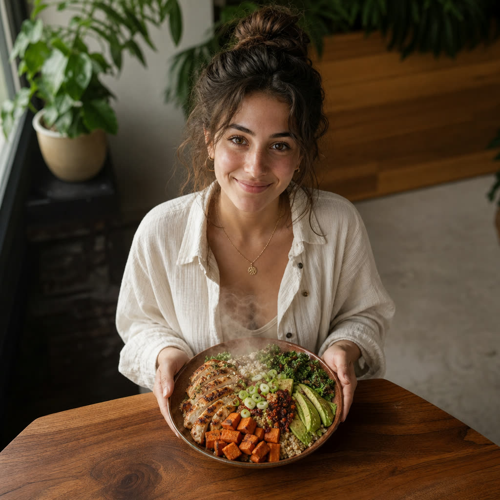 A vibrant, appetizing grain bowl with roasted vegetables and greens, photographed close on a warm wooden table