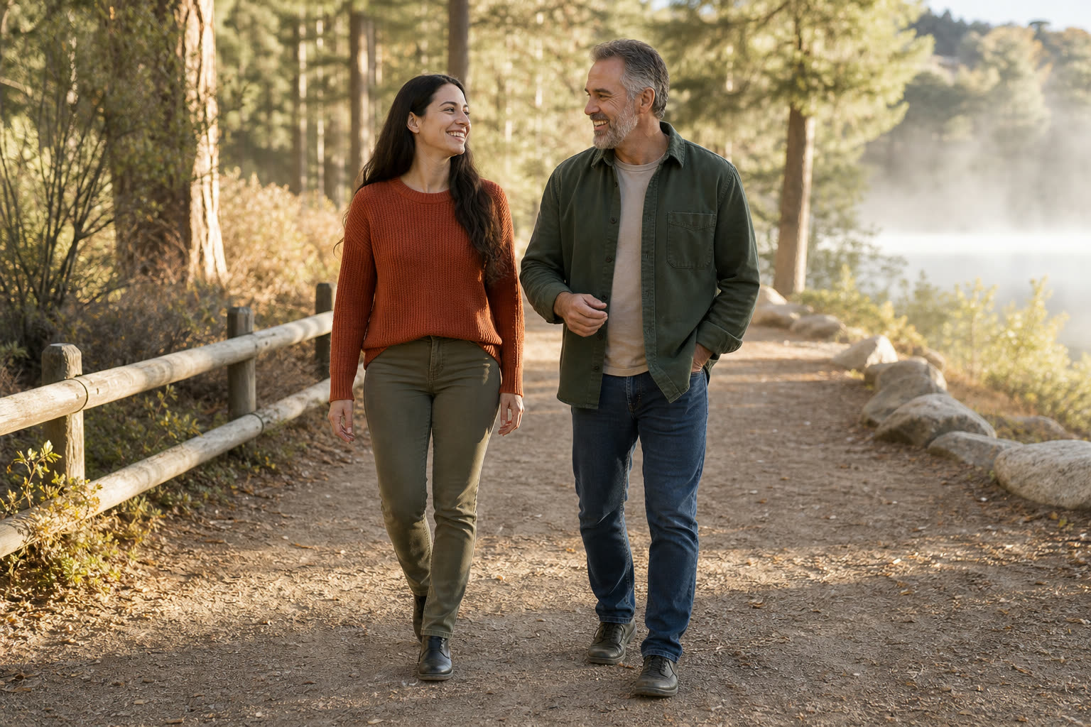 Two adults walk side by side along a tree-lined path, mid-laugh, one gesturing as the other listens