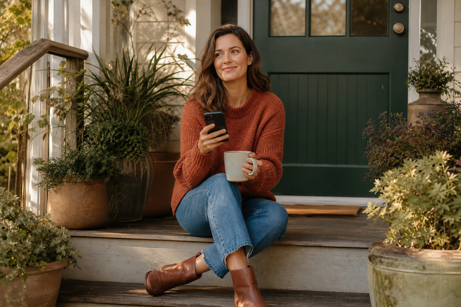 A woman in a rust sweater sits on sunny porch steps with her coffee, starting a short questionnaire on her phone