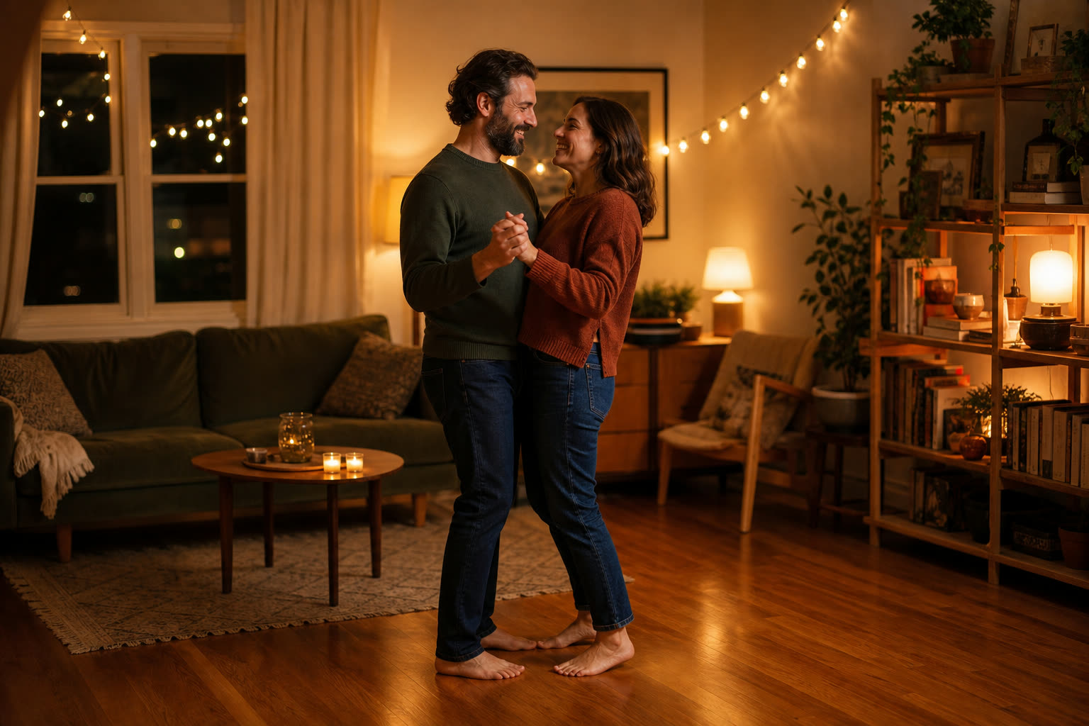 A couple slow dance close together in a warmly lit living room, both smiling