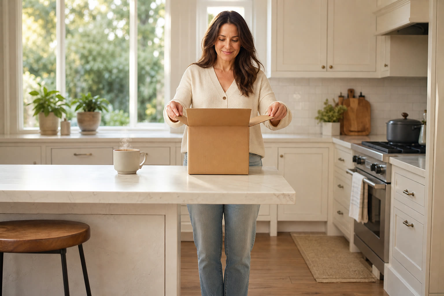A woman opening a plain unmarked delivery box at her kitchen counter, tea steaming beside her