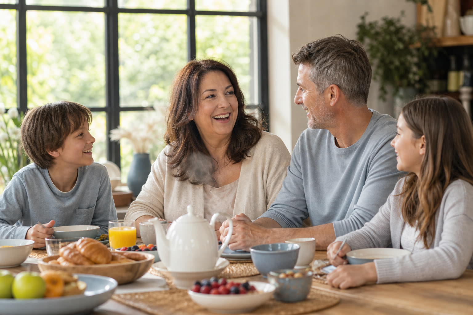 A early 50s woman with a soft curvy build sharing a healthy breakfast with family, laughing mid-conversation