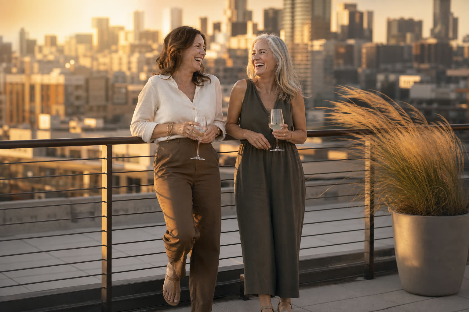 Two women leaning on a rooftop railing at golden hour, laughing together