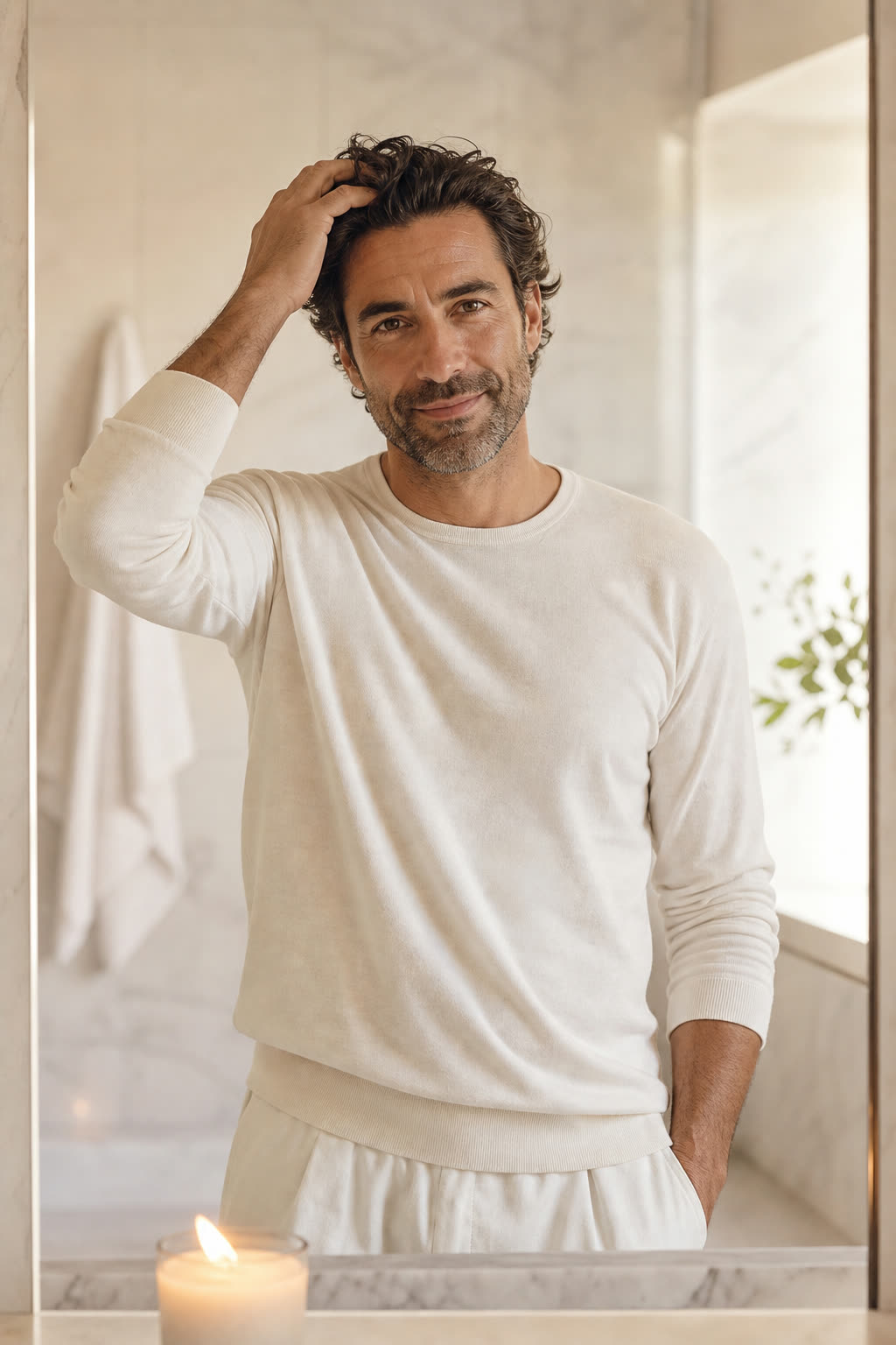A man running a hand through thick dark hair at a bright mirror, quietly pleased