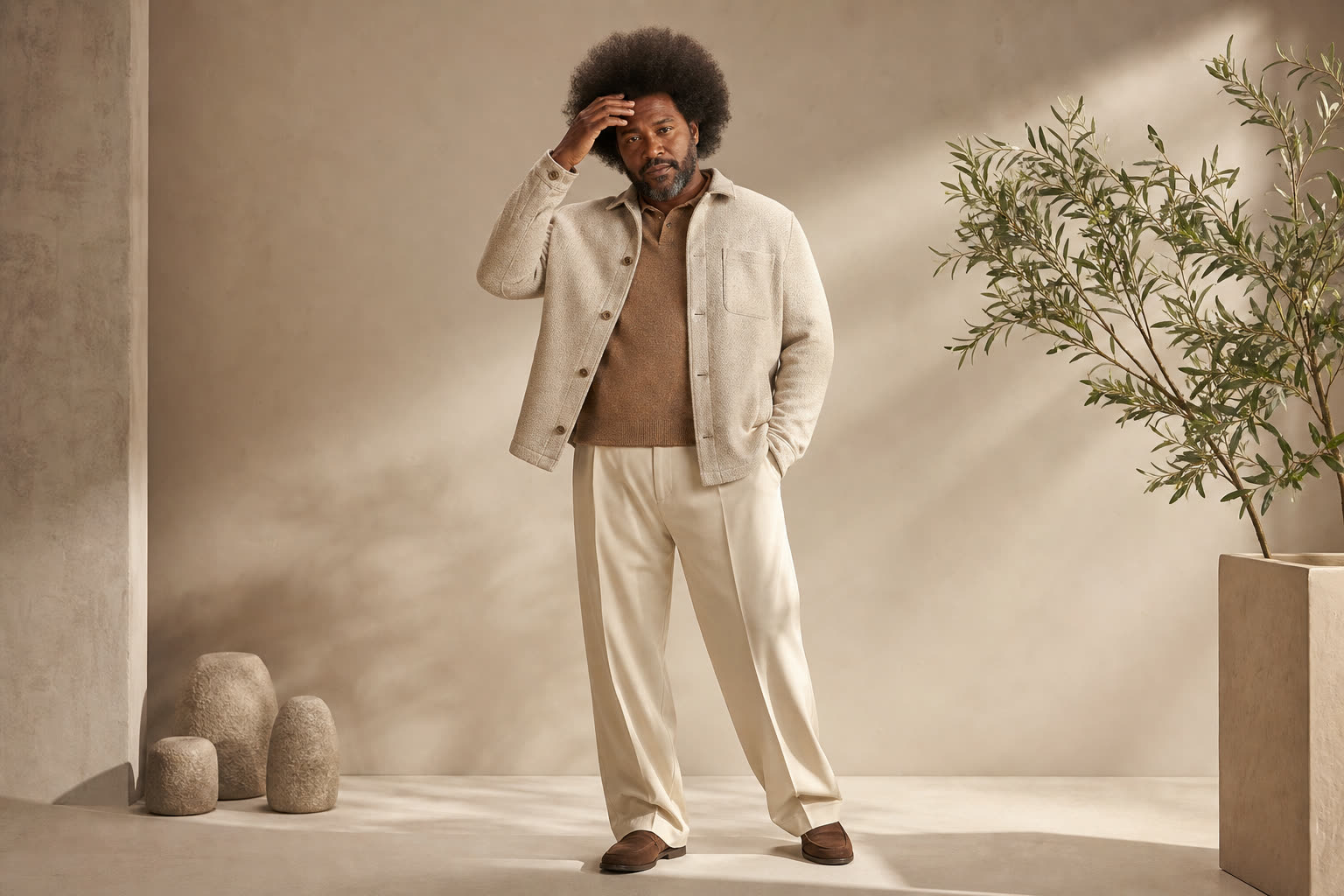 A broad, sturdy man in his 40s with a full textured afro, touching his hairline with quiet pride