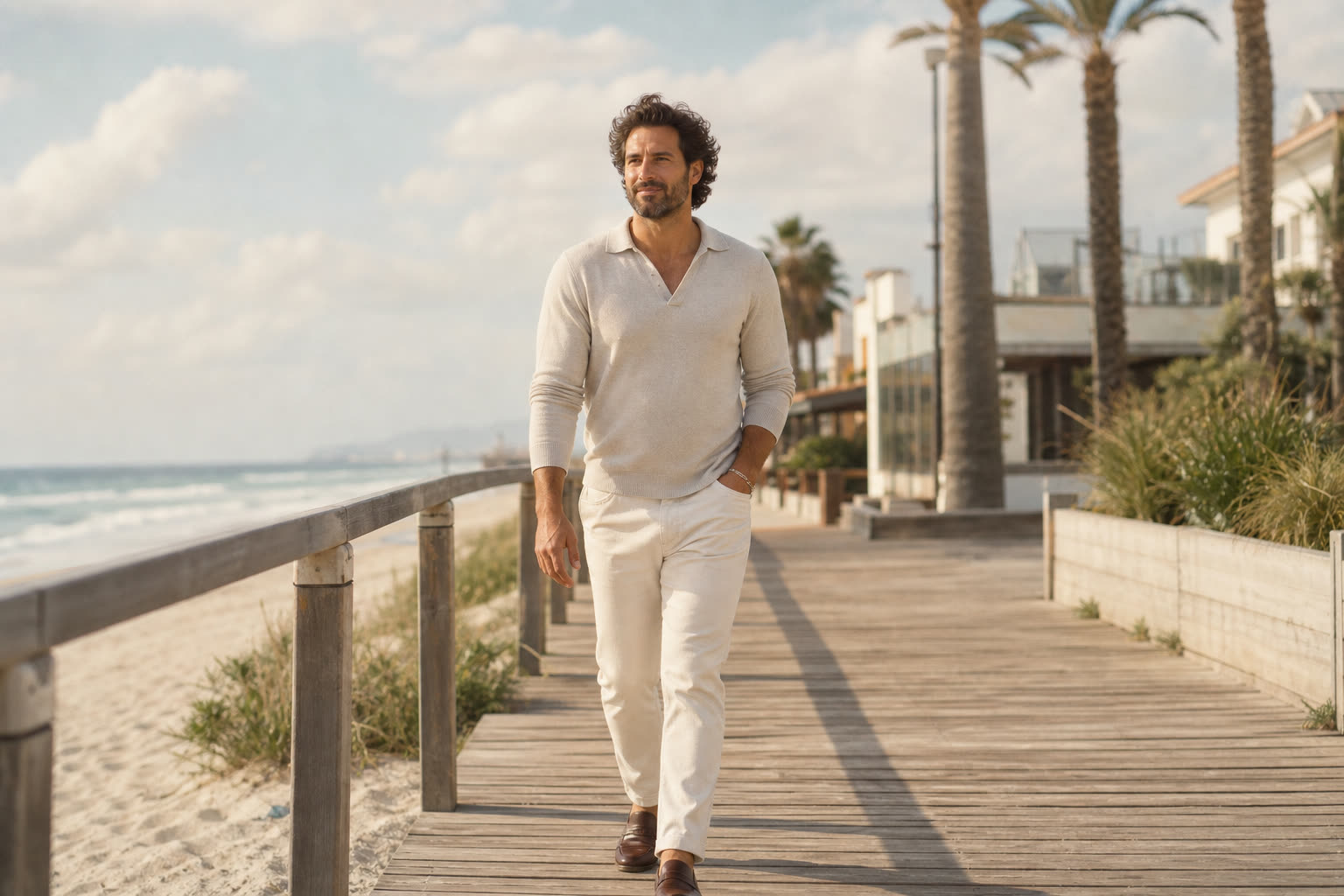 A late 30s man with a curvy hourglass build walking a beach boardwalk, thick hair lifted by sea air