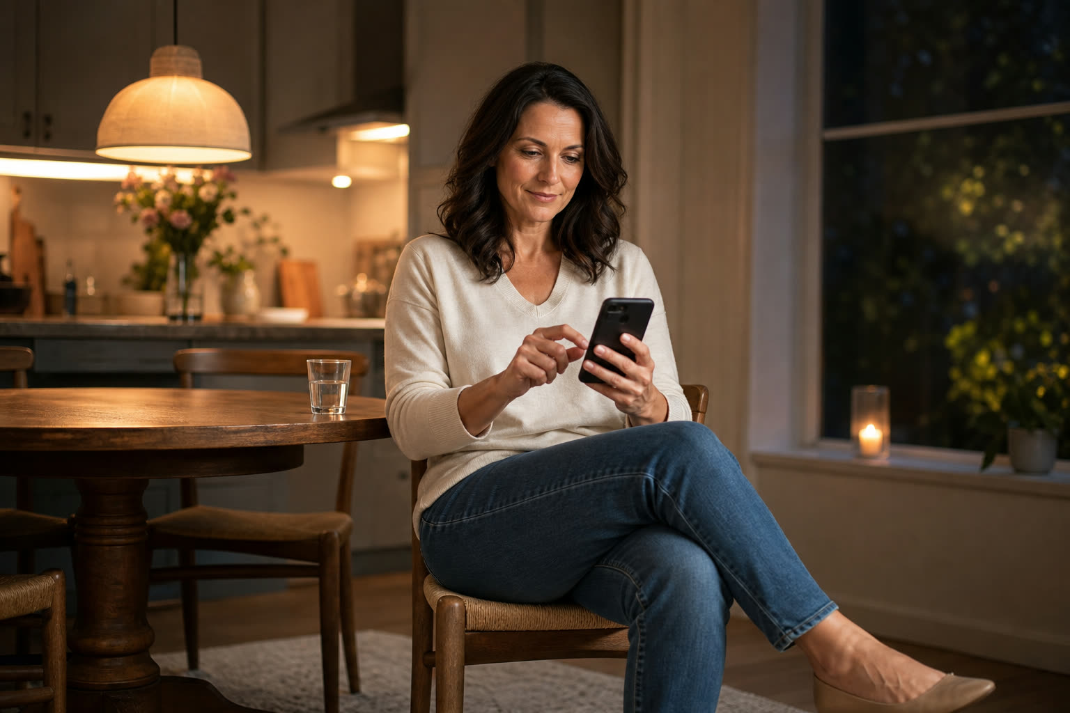 A woman at her kitchen table in the evening completing a short questionnaire on her phone